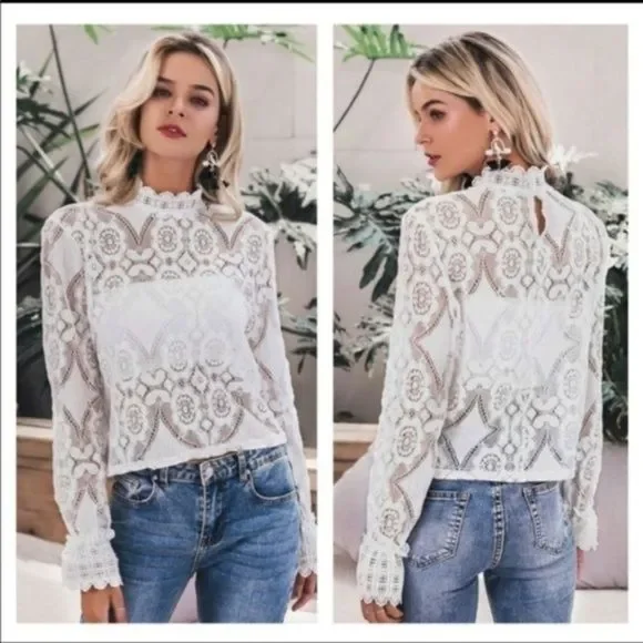 White Lace See through Bohemian Long Sleeve Shirt - Picture 14 of 16